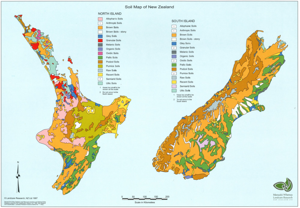 Soil Map of New Zealand, showing the distribution of the 15 soil orders for the North and South Island. Source: MWLR
